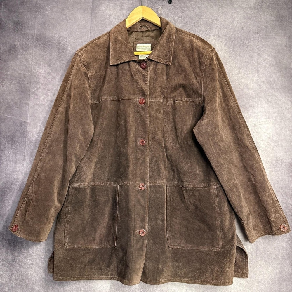 Coldwater‎ Creek Leather Coat Women Size Large Brown Suede Long Overcoat Lined